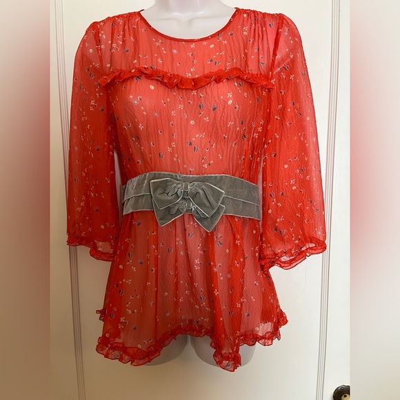 Marc Jacobs Tangerine Floral Blouse with Velvet Belting - Picture 10 of 13